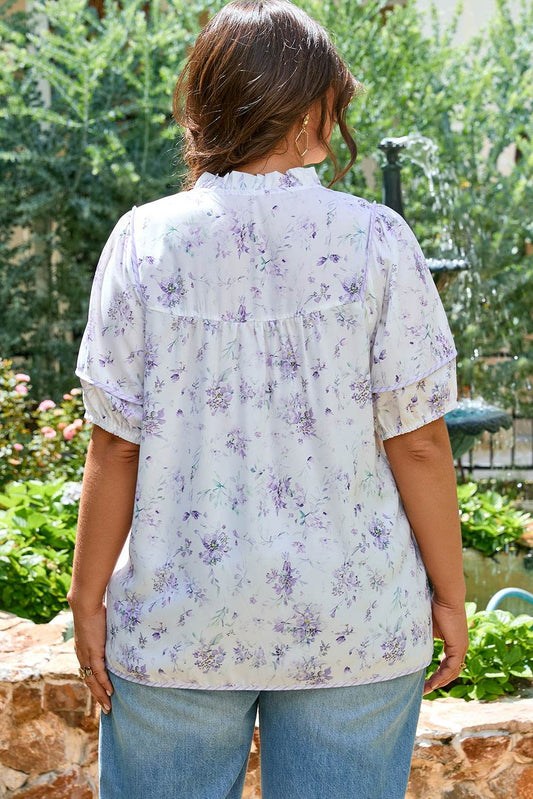 Purple Floral Trimmed Detail Split Neck Plus Size Top - IntuitiveEncBoutique