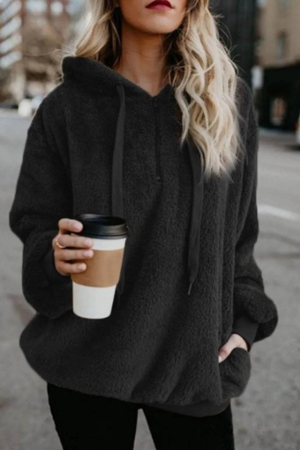 Full Size Quarter-Zip Drawstring Teddy Hoodie - IntuitiveEncBoutique