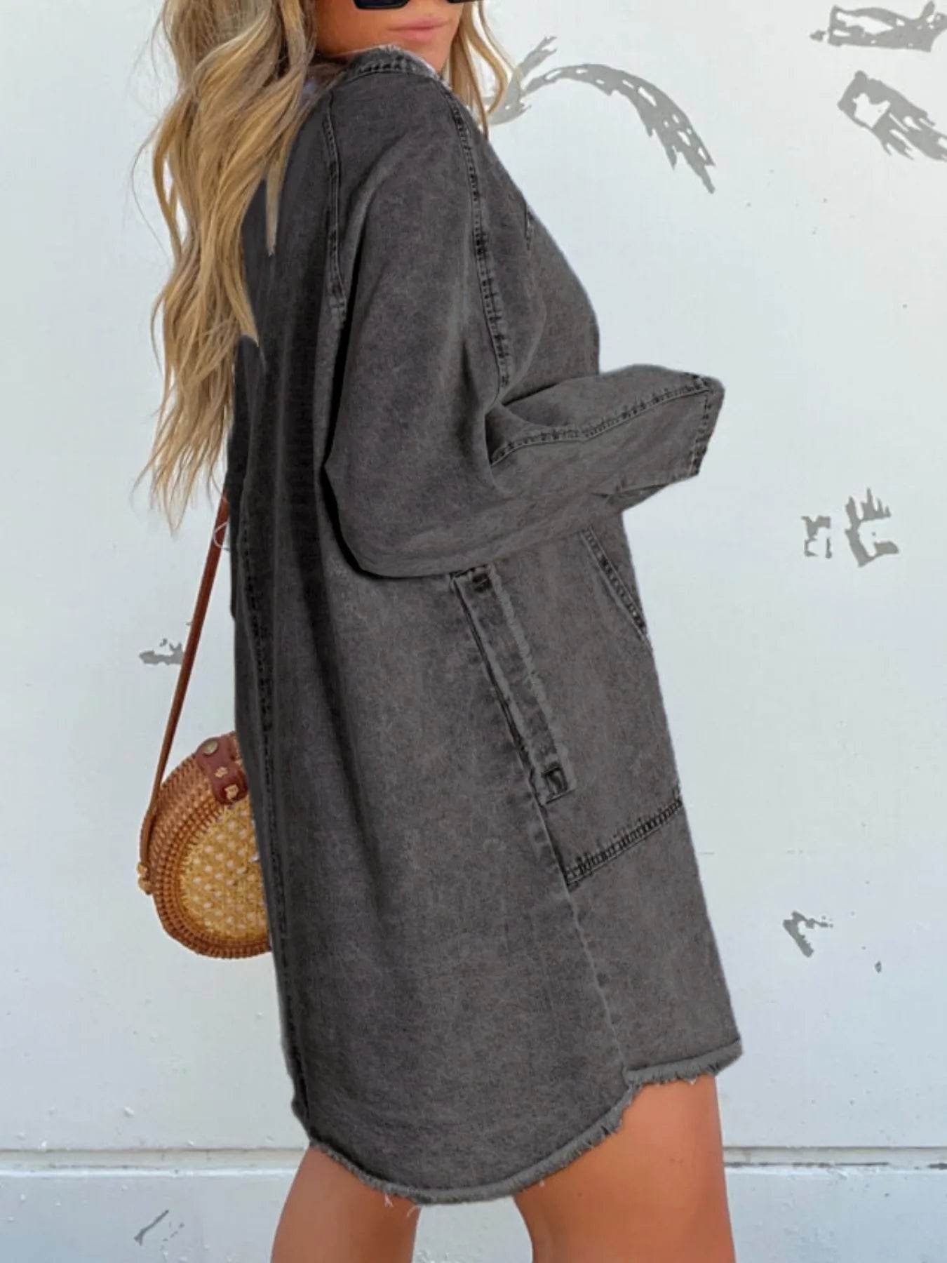 Full Size Button-Front Long Sleeve Denim Shirt Dress Plus Size - IntuitiveEncBoutique