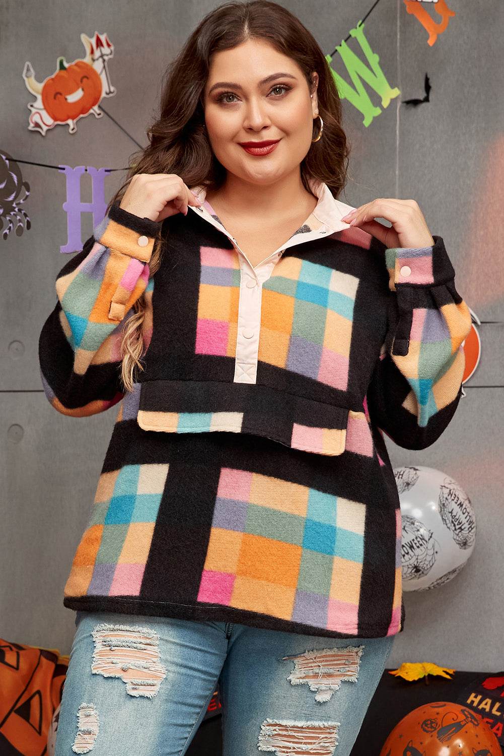 Black Plus Size Checkered Print Sherpa Henley Sweatshirt - IntuitiveEncBoutique