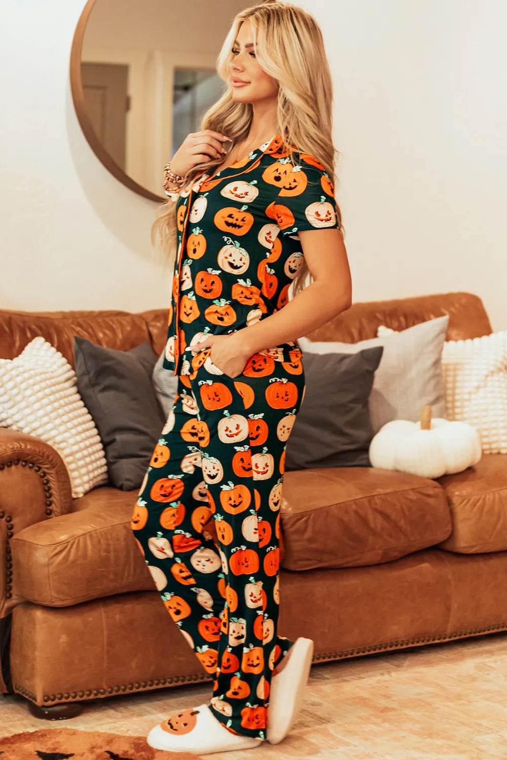 Pumpkin Printed Short Sleeve Top and Pants Lounge Set - IntuitiveEncBoutique