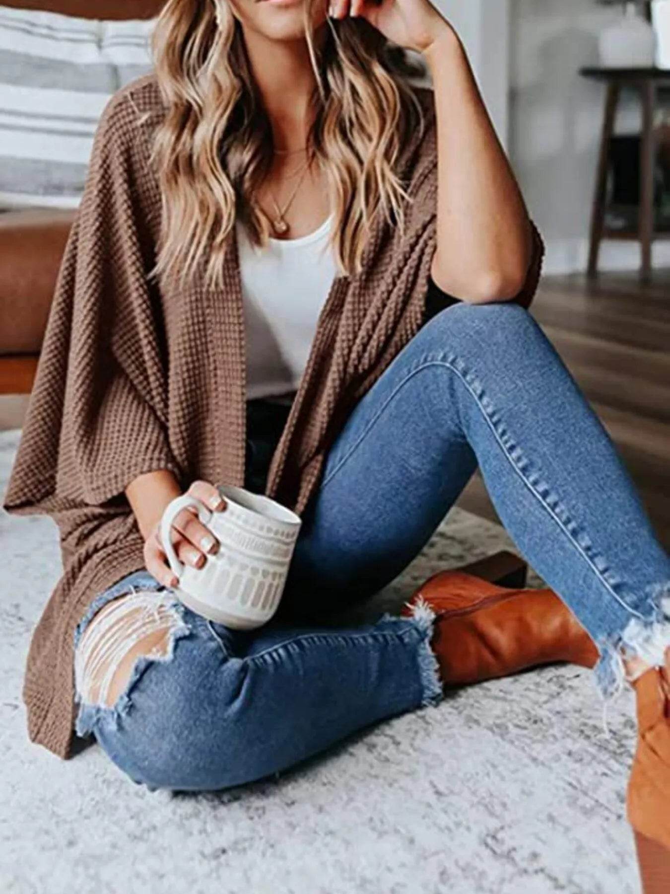 Full Size Open Front Waffle Knit Cardigan Plus Size - IntuitiveEncBoutique