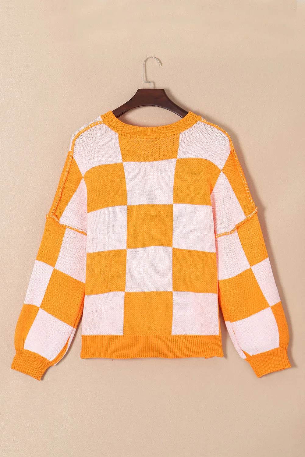 Pumpkin Checkered Round Neck Long Sleeve Sweater - IntuitiveEncBoutique