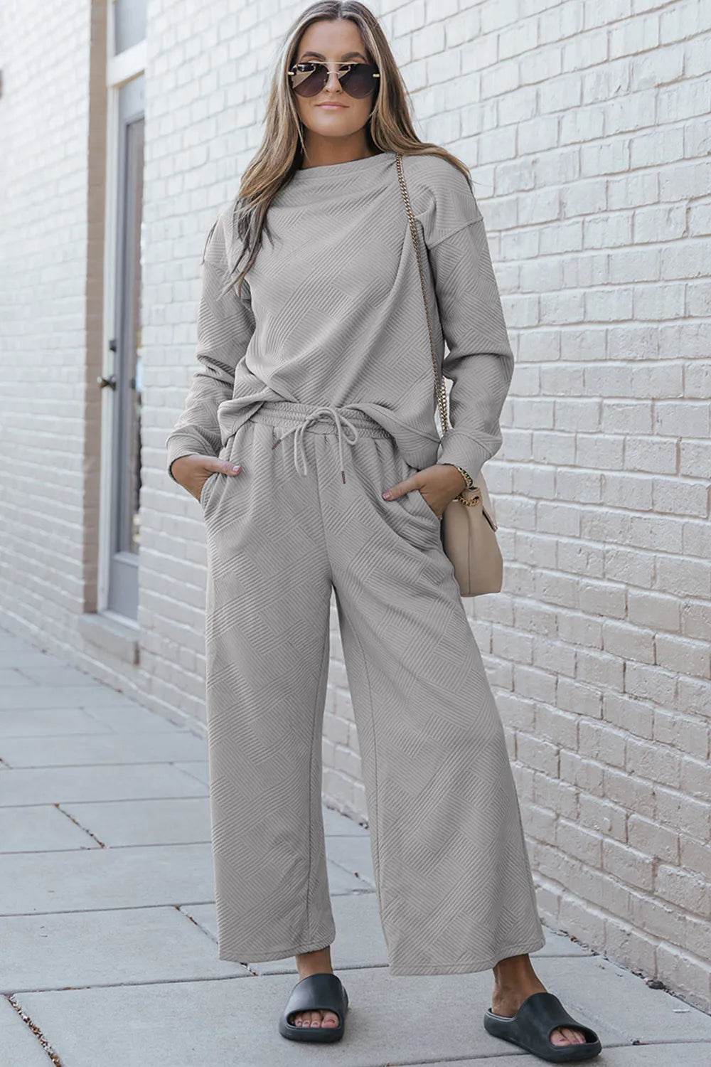 Double Take Full Size Textured Long Sleeve Top and Drawstring Pants Set - IntuitiveEncBoutique