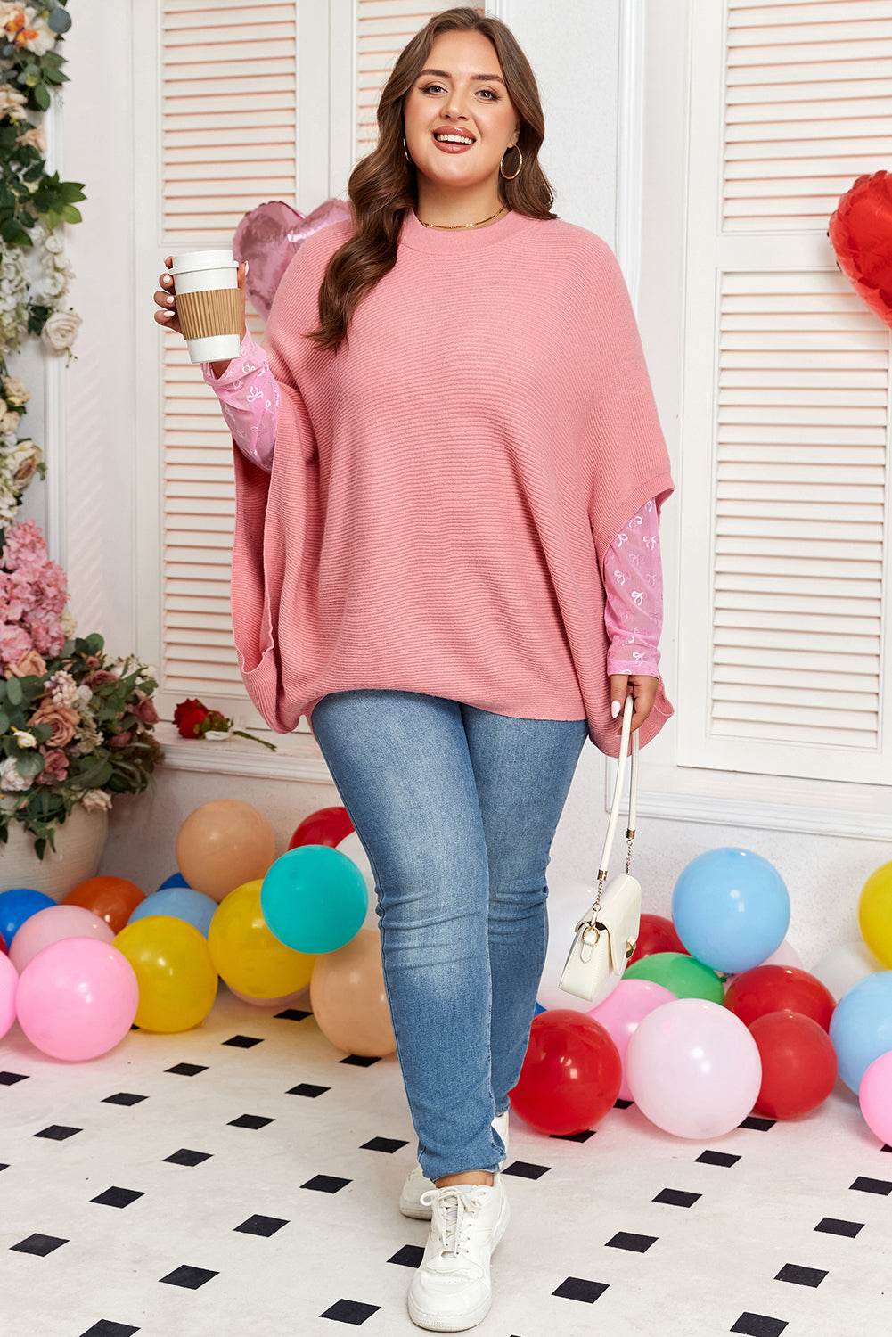 Light Pink Ribbed Knit Half Sleeve Plus Size Poncho Style Sweater - IntuitiveEncBoutique
