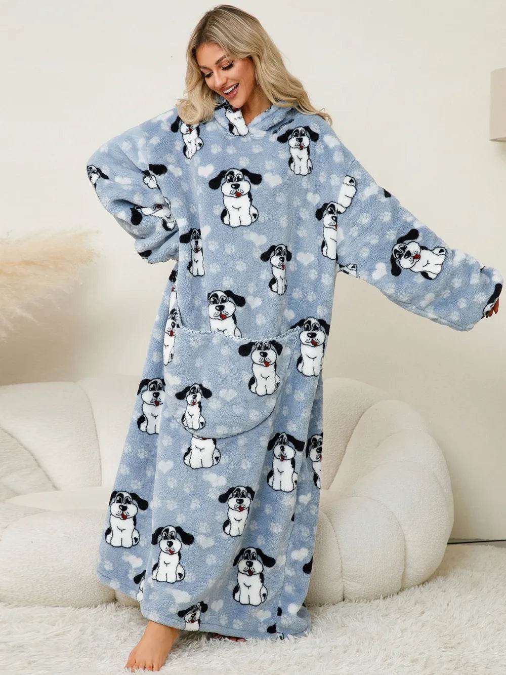 Fuzzy Pocketed Long Sleeve Hooded Lounge Dress - IntuitiveEncBoutique