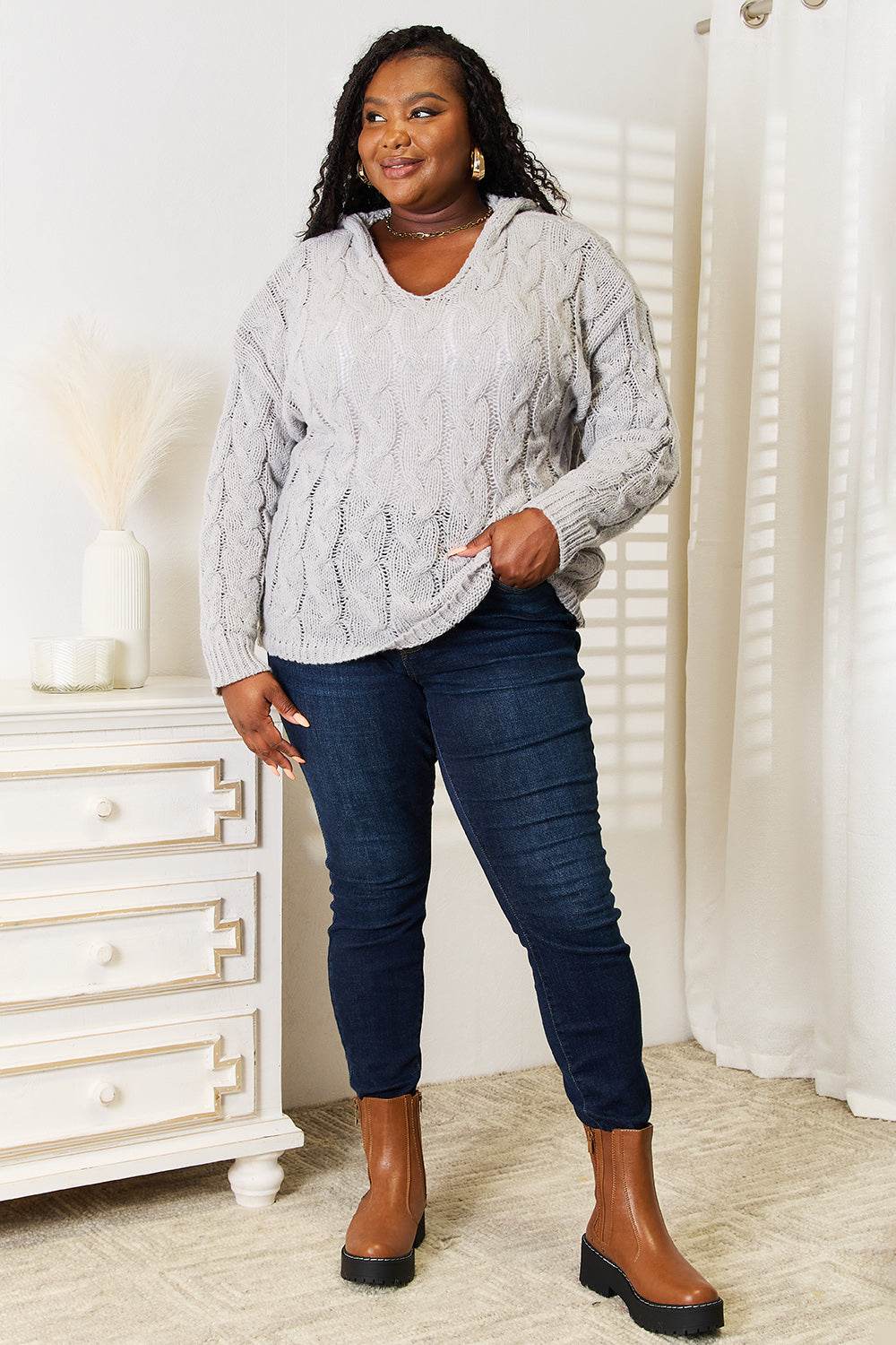 Woven Right Cable-Knit Hooded Sweater - IntuitiveEncBoutique