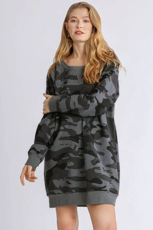 Full Size Camo Print Ribbed Hem French Terry Mini Dress Plus Size - IntuitiveEncBoutique