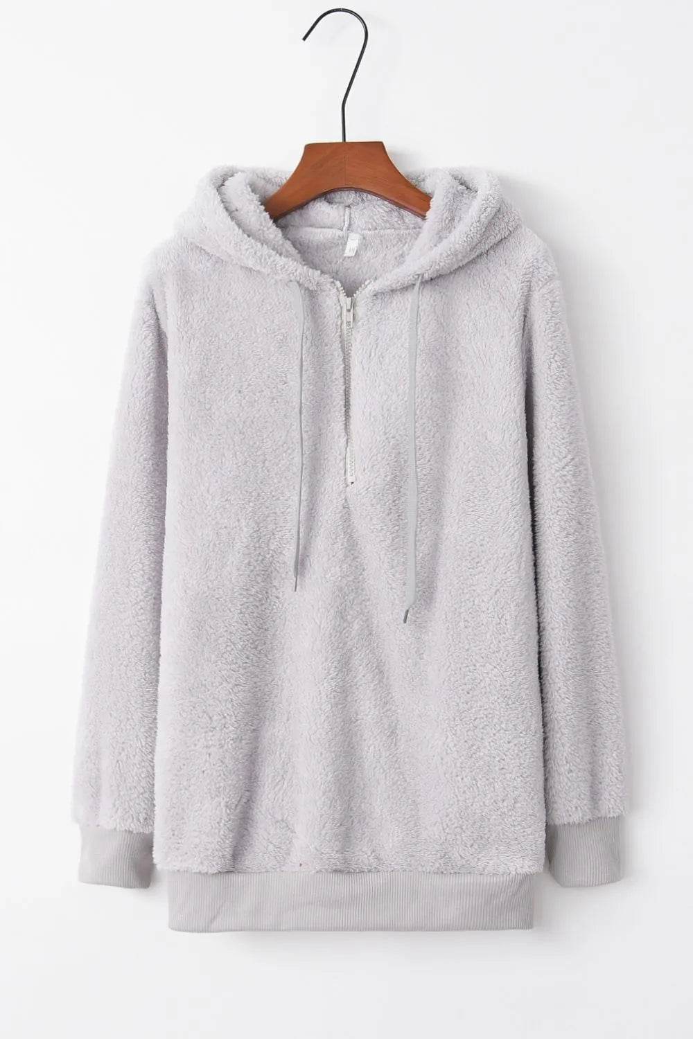 Full Size Quarter-Zip Drawstring Teddy Hoodie - IntuitiveEncBoutique