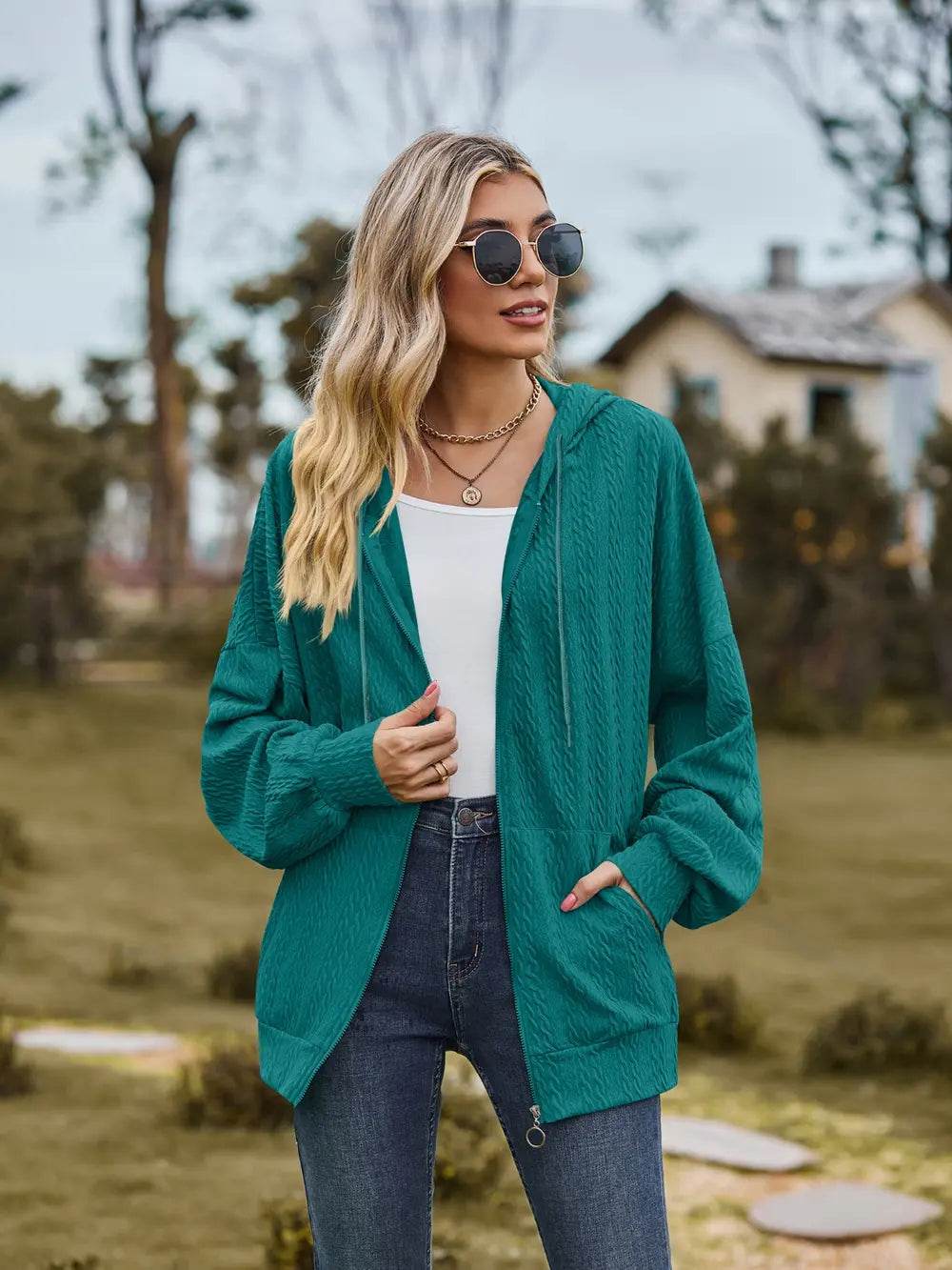 Zip Up Drawstring Long Sleeve Hooded Jacket - IntuitiveEncBoutique