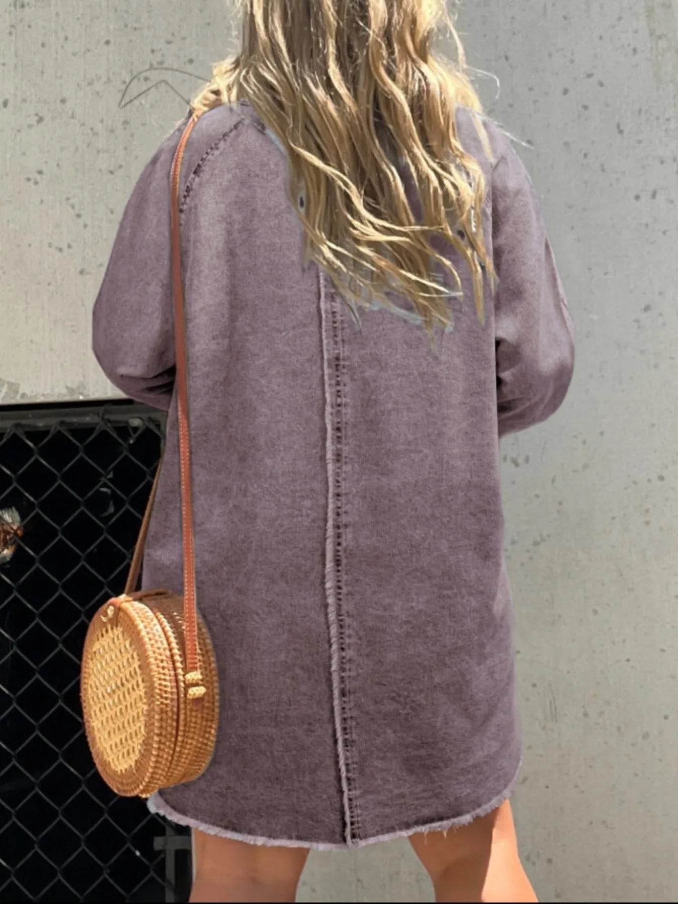 Full Size Button-Front Long Sleeve Denim Shirt Dress Plus Size - IntuitiveEncBoutique