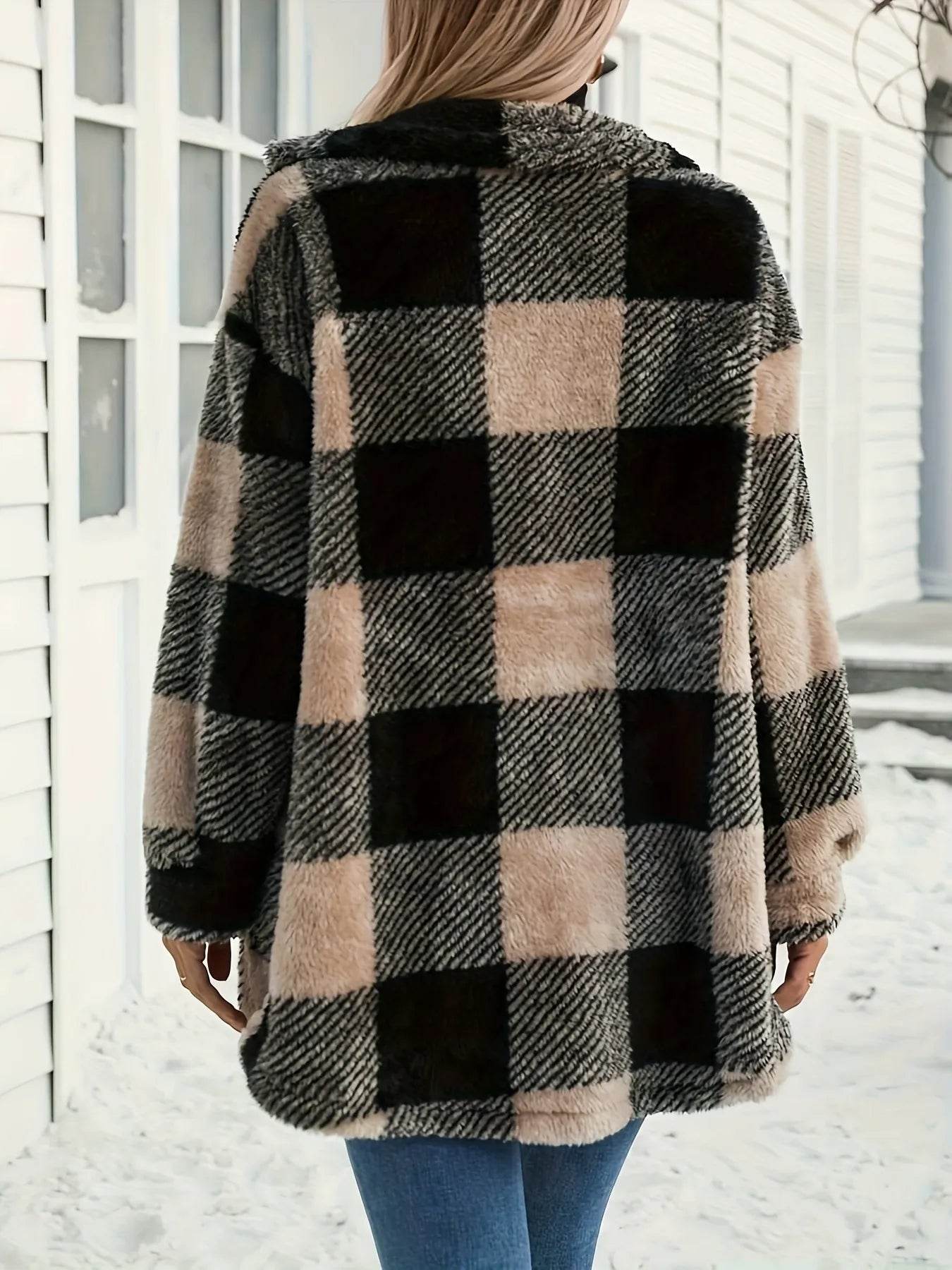 Button Down Collared Neck Plaid Teddy Coat with Pockets - IntuitiveEncBoutique