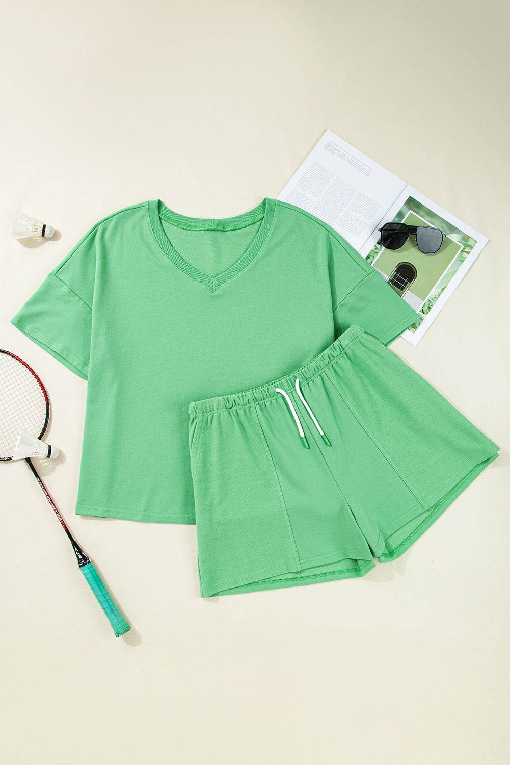 Mint Green Plus Size V Neck Tee Patched Pocket Drawstring Shorts Set - IntuitiveEncBoutique