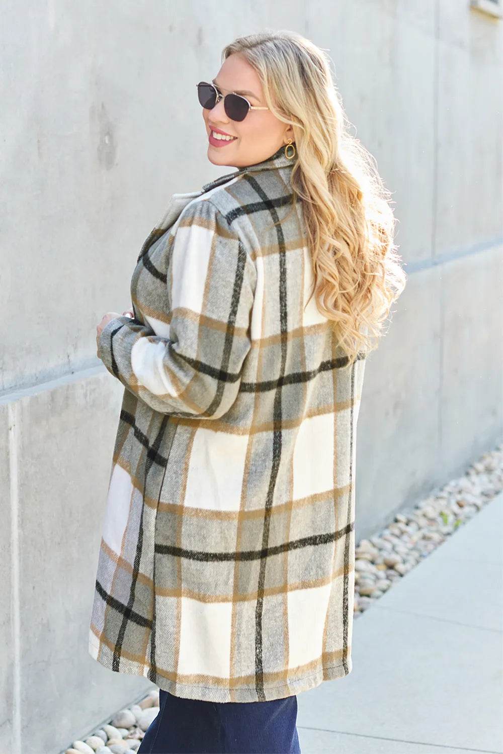 Double Take Full Size Plaid Button Up Lapel Collar Coat - IntuitiveEncBoutique