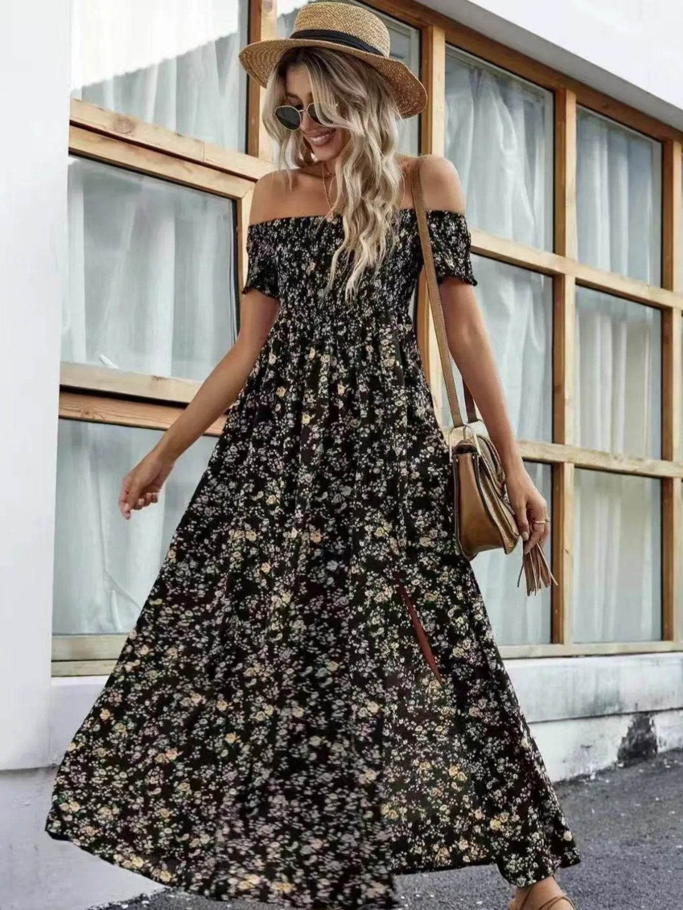 Full Size Slit Off-Shoulder Floral Midi Dress Plus Size - IntuitiveEncBoutique