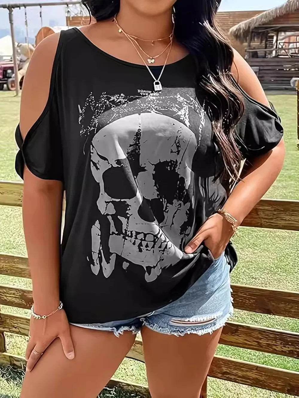 Plus Size Skeleton Graphic Round Neck Cold Shoulder T-Shirt - IntuitiveEncBoutique