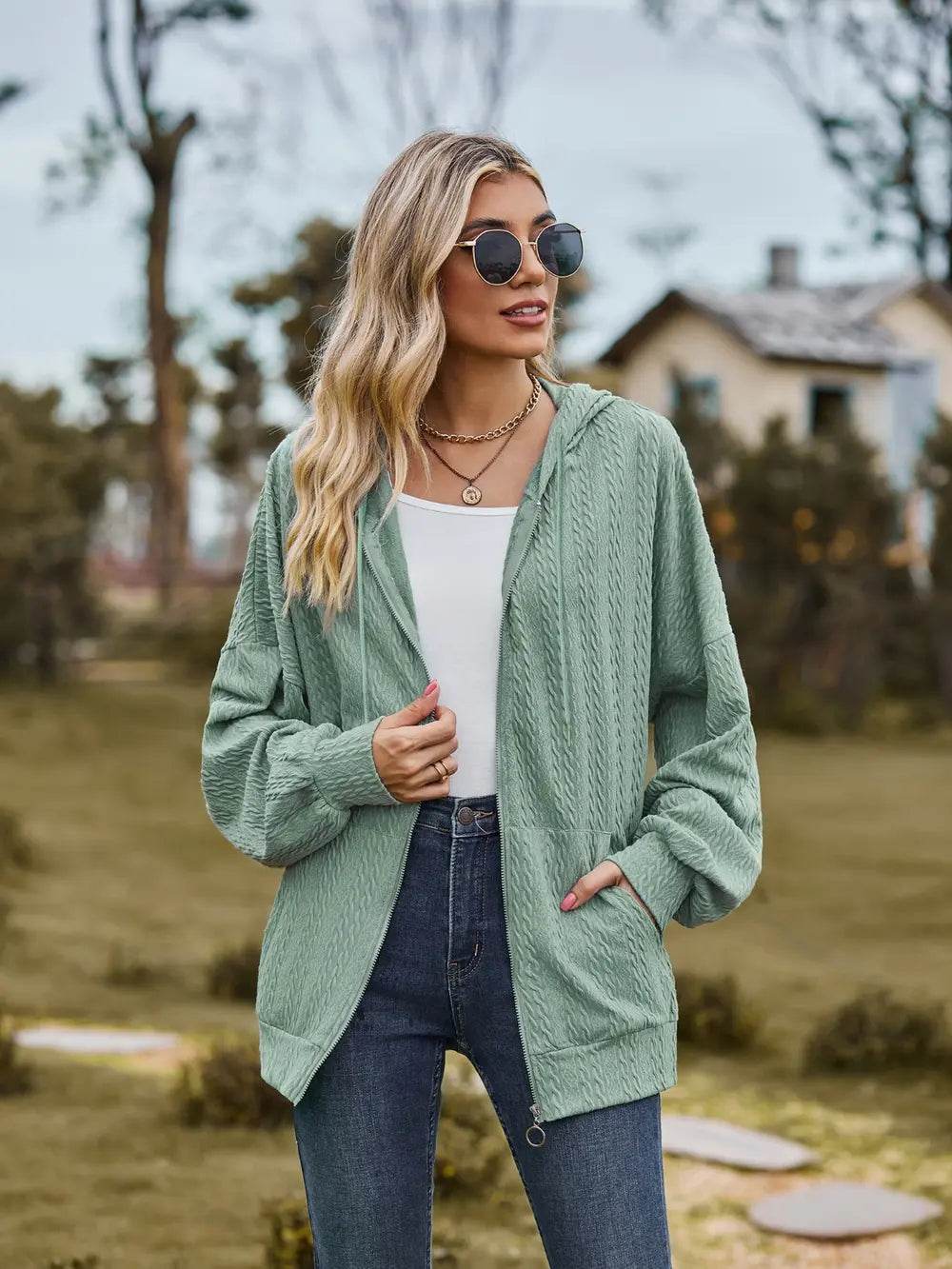 Zip Up Drawstring Long Sleeve Hooded Jacket - IntuitiveEncBoutique