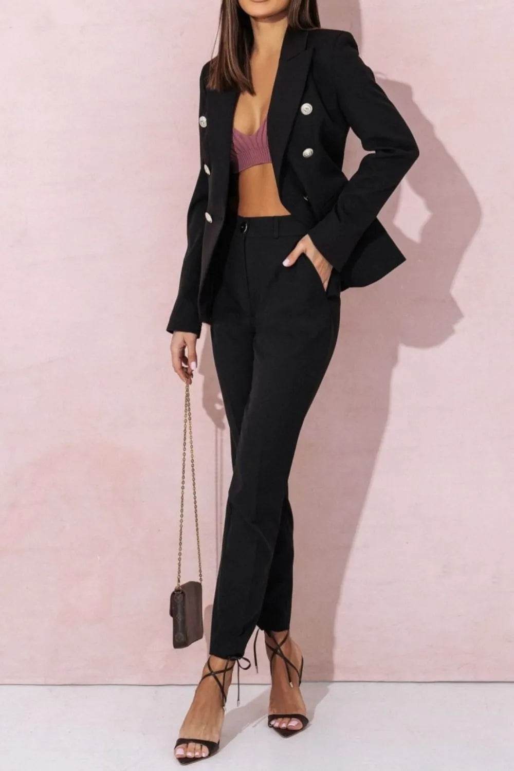 Full Size Lapel Collar Long Sleeve Blazer and Pants Set Plus Size - IntuitiveEncBoutique