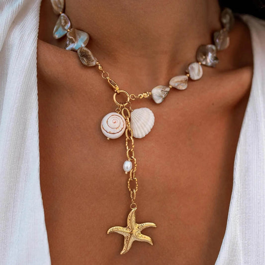 18K Gold-Plated Ocean Theme Necklace with Starfish Pendant - IntuitiveEncBoutique
