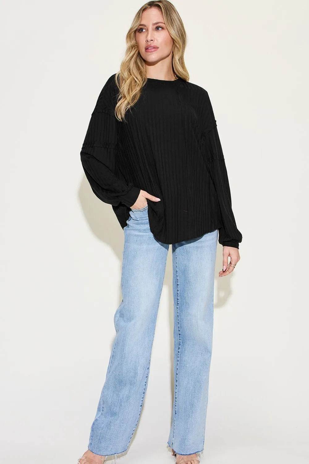 Basic Bae Full Size Ribbed Round Neck Long Sleeve T-Shirt - IntuitiveEncBoutique