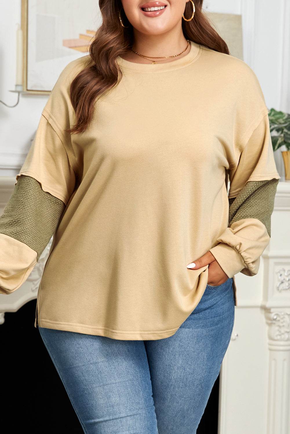 Laurel Green Exposed Seam Contrast Texture Patchwork Plus Size Drop Shoulder Pullover - IntuitiveEncBoutique