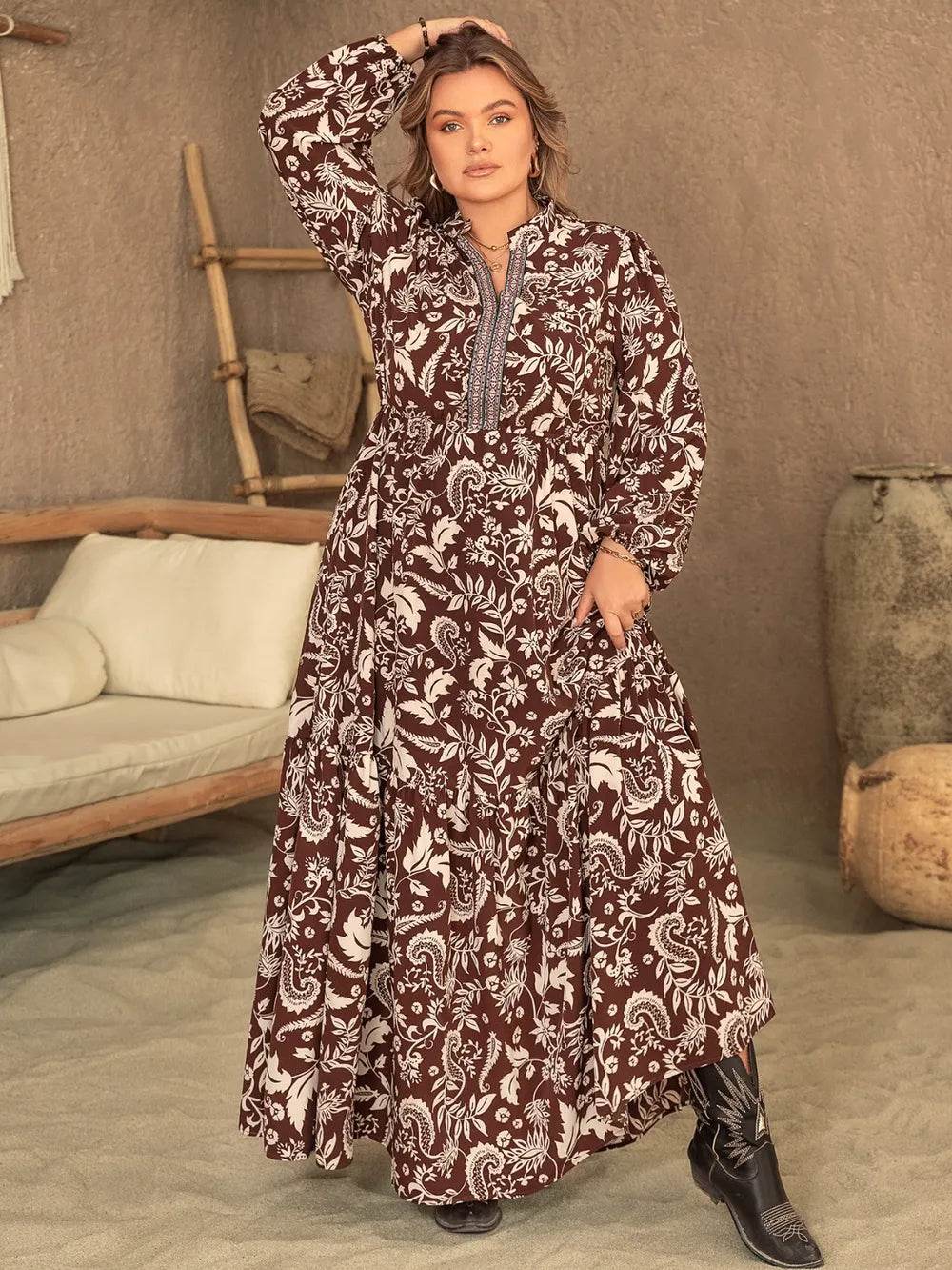 Plus Size Notched Balloon Sleeve Printed Maxi Dress - IntuitiveEncBoutique