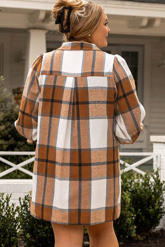 Khaki Plus Size Plaid Flounce Sleeve Button up Shirt Dress - IntuitiveEncBoutique