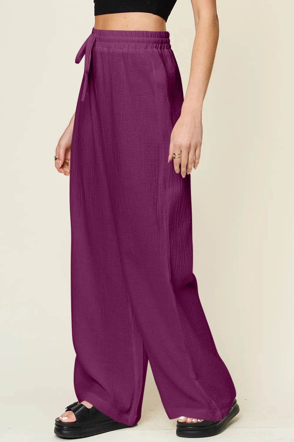Double Take Full Size Texture Drawstring Wide Leg Pants - IntuitiveEncBoutique
