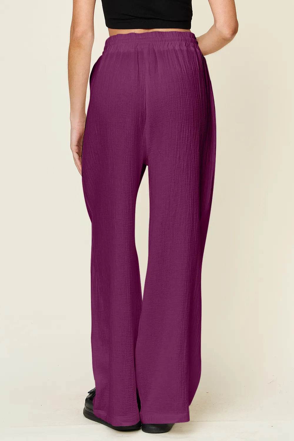 Double Take Full Size Texture Drawstring Wide Leg Pants - IntuitiveEncBoutique