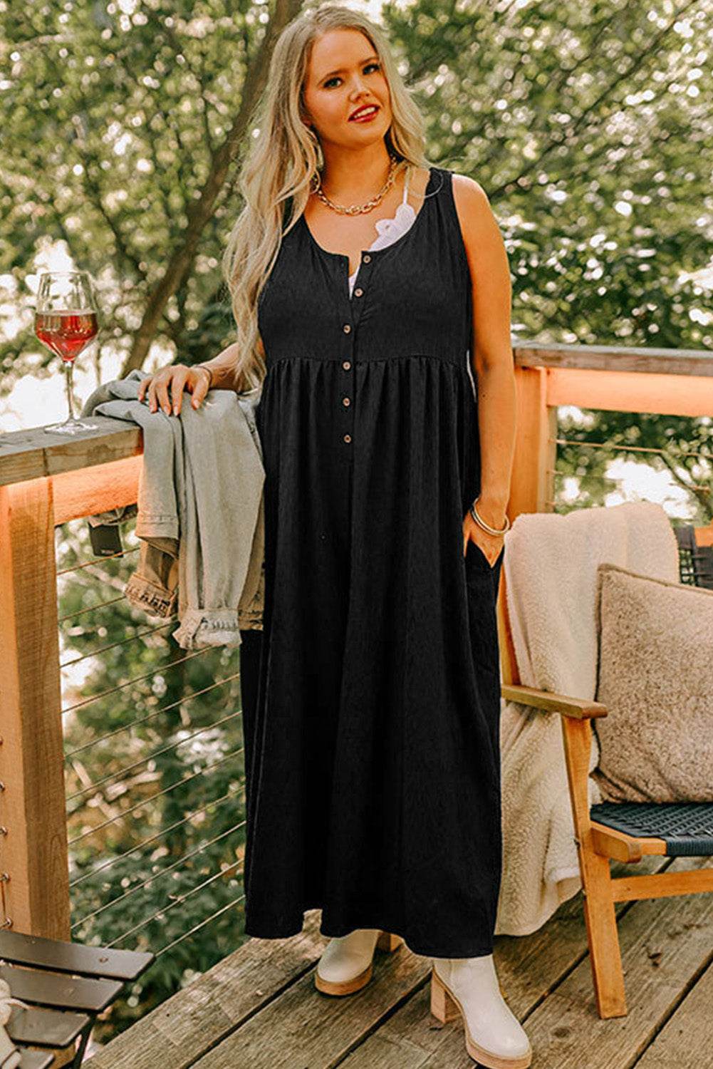 Black Plus Size Sleeveless Button Front Loose Jumpsuit - IntuitiveEncBoutique