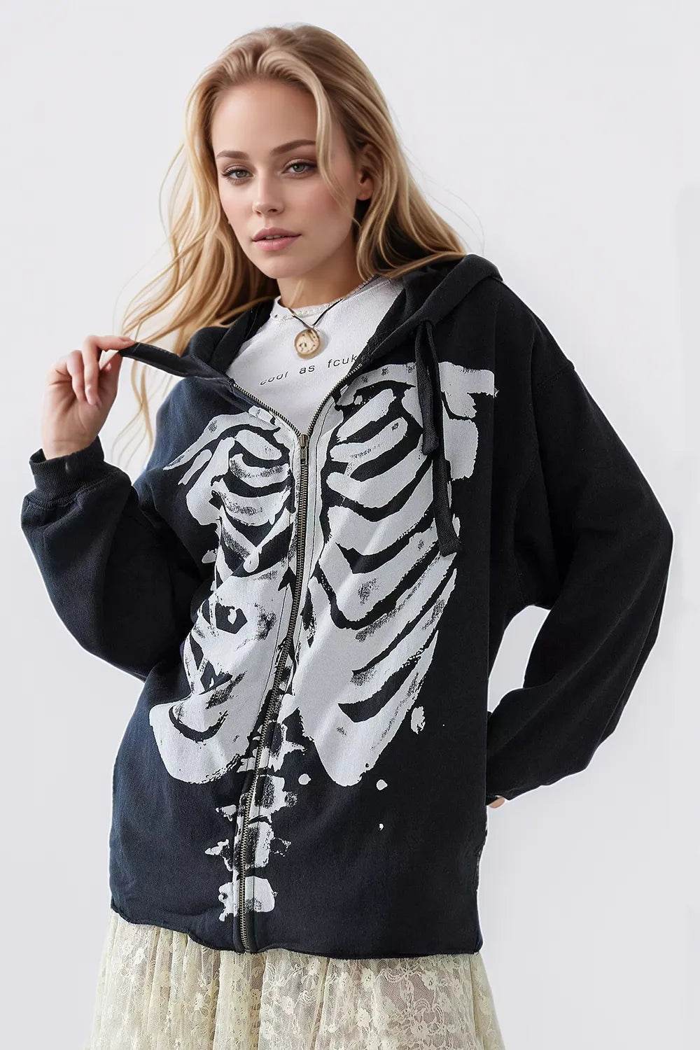 Skeleton Zip Up Drawstring Hoodie - IntuitiveEncBoutique