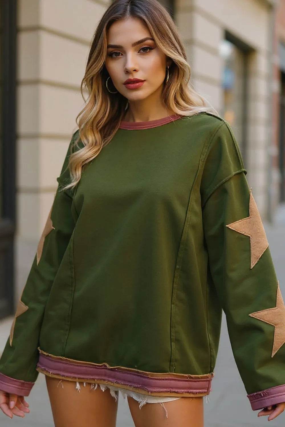 Double Take Star Patched Long Sleeve Sweatshirt - IntuitiveEncBoutique