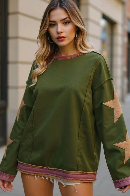 Double Take Star Patched Long Sleeve Sweatshirt - IntuitiveEncBoutique