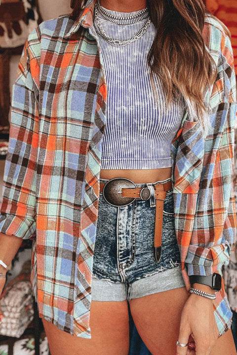 Orange Plus Size Plaid Print Buttoned Shirt - IntuitiveEncBoutique