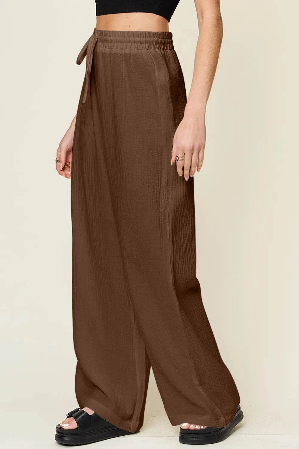 Double Take Full Size Texture Drawstring Wide Leg Pants - IntuitiveEncBoutique
