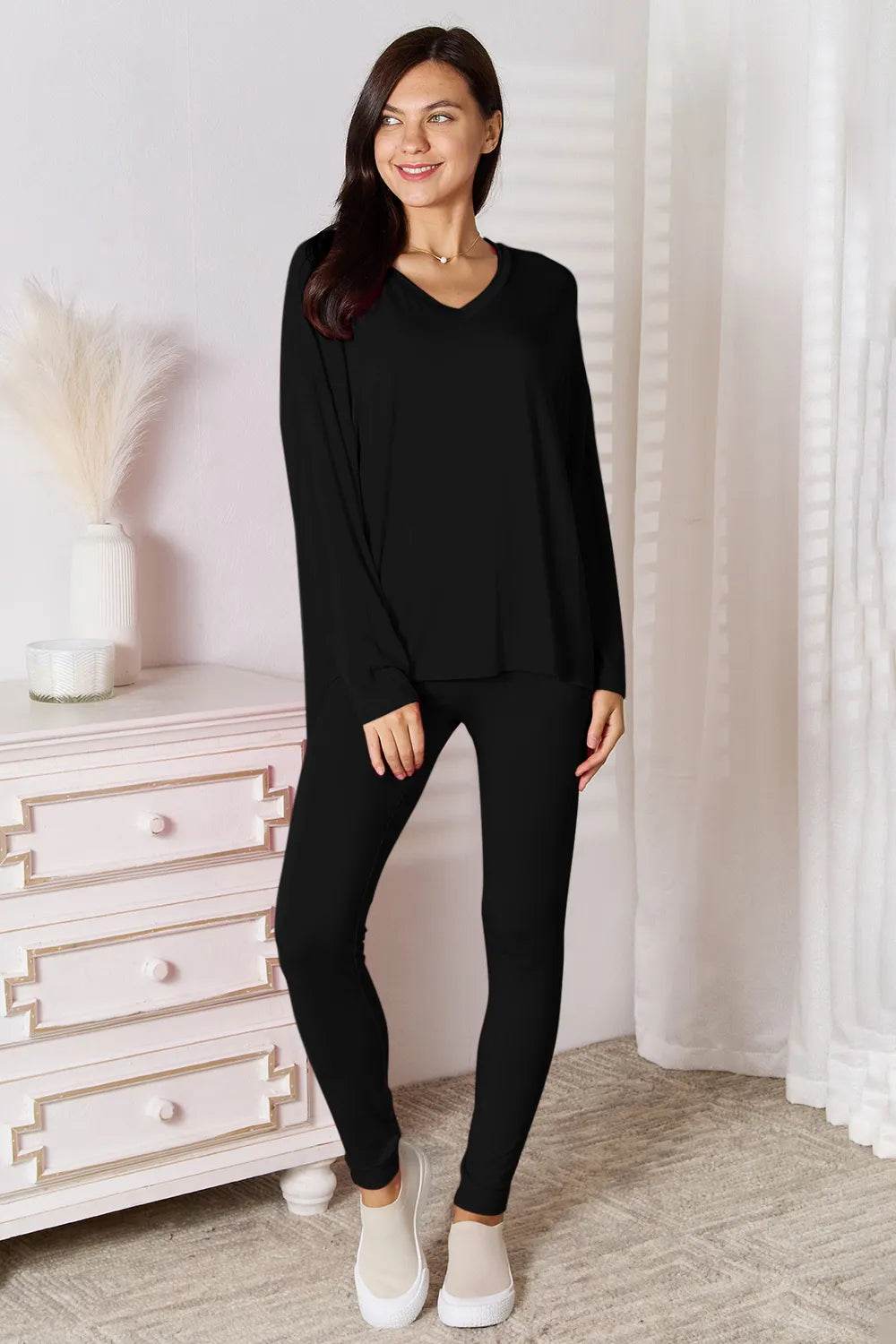 Basic Bae Bamboo Full Size V-Neck Long Sleeve Top and Pants Lounge Set - IntuitiveEncBoutique