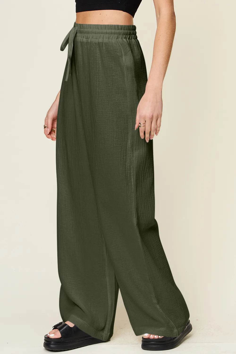 Double Take Full Size Texture Drawstring Wide Leg Pants - IntuitiveEncBoutique