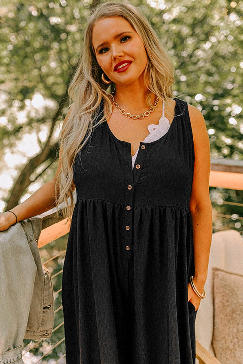 Black Plus Size Sleeveless Button Front Loose Jumpsuit - IntuitiveEncBoutique