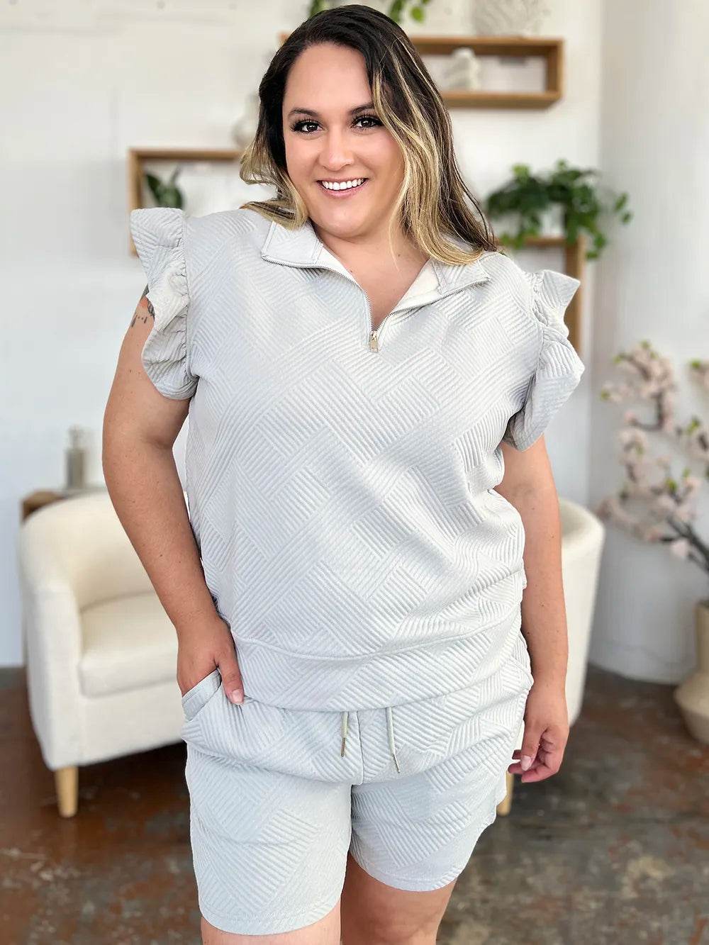 Double Take Full Size Texture Flounce Sleeve Top and Drawstring Shorts Set - IntuitiveEncBoutique