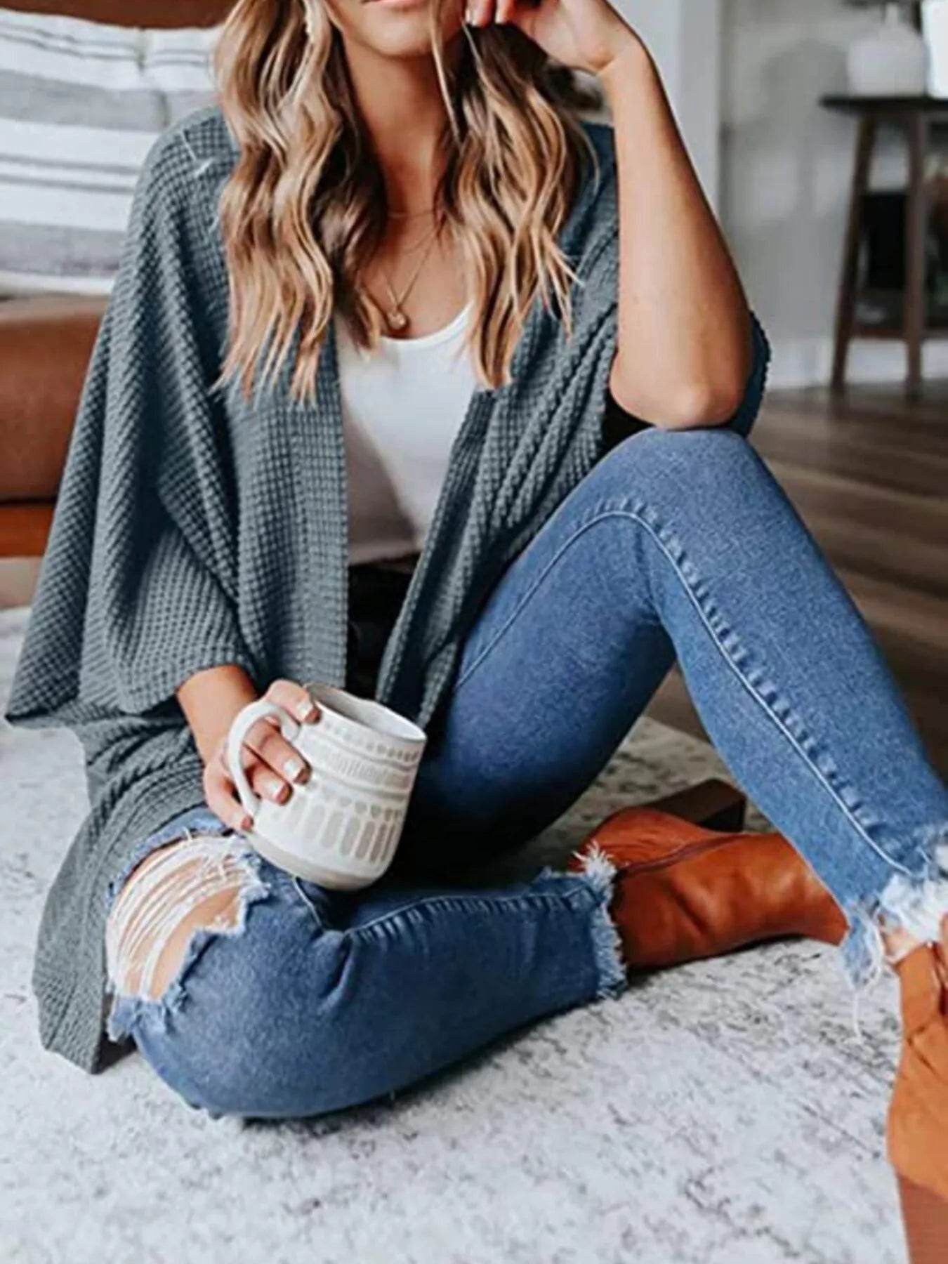 Full Size Open Front Waffle Knit Cardigan Plus Size - IntuitiveEncBoutique