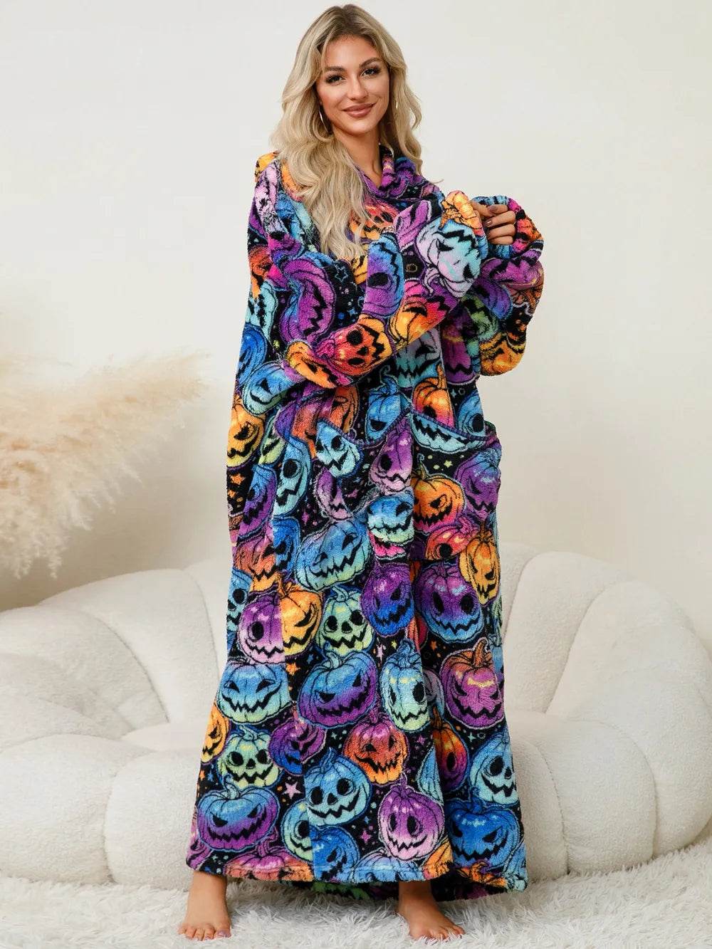 Fuzzy Pocketed Long Sleeve Hooded Lounge Dress - IntuitiveEncBoutique