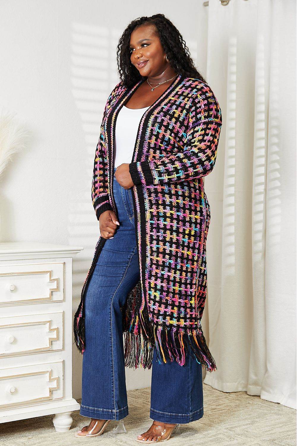 Angel Wings Full Size Multicolored Open Front Fringe Hem Cardigan - IntuitiveEncBoutique