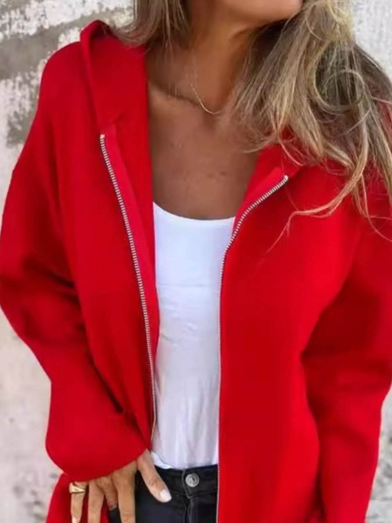 Full Size Zip Up Long Sleeve Hooded Outerwear Plus Size - IntuitiveEncBoutique