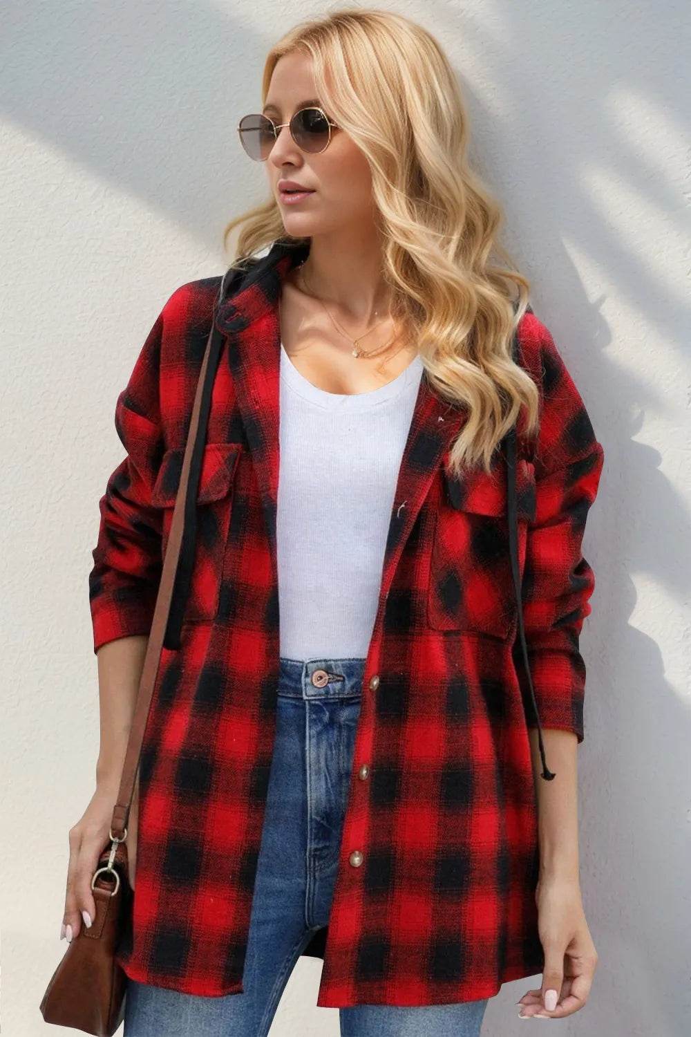 Double Take Drawstring Plaid Long Sleeve Hooded Shacket - IntuitiveEncBoutique
