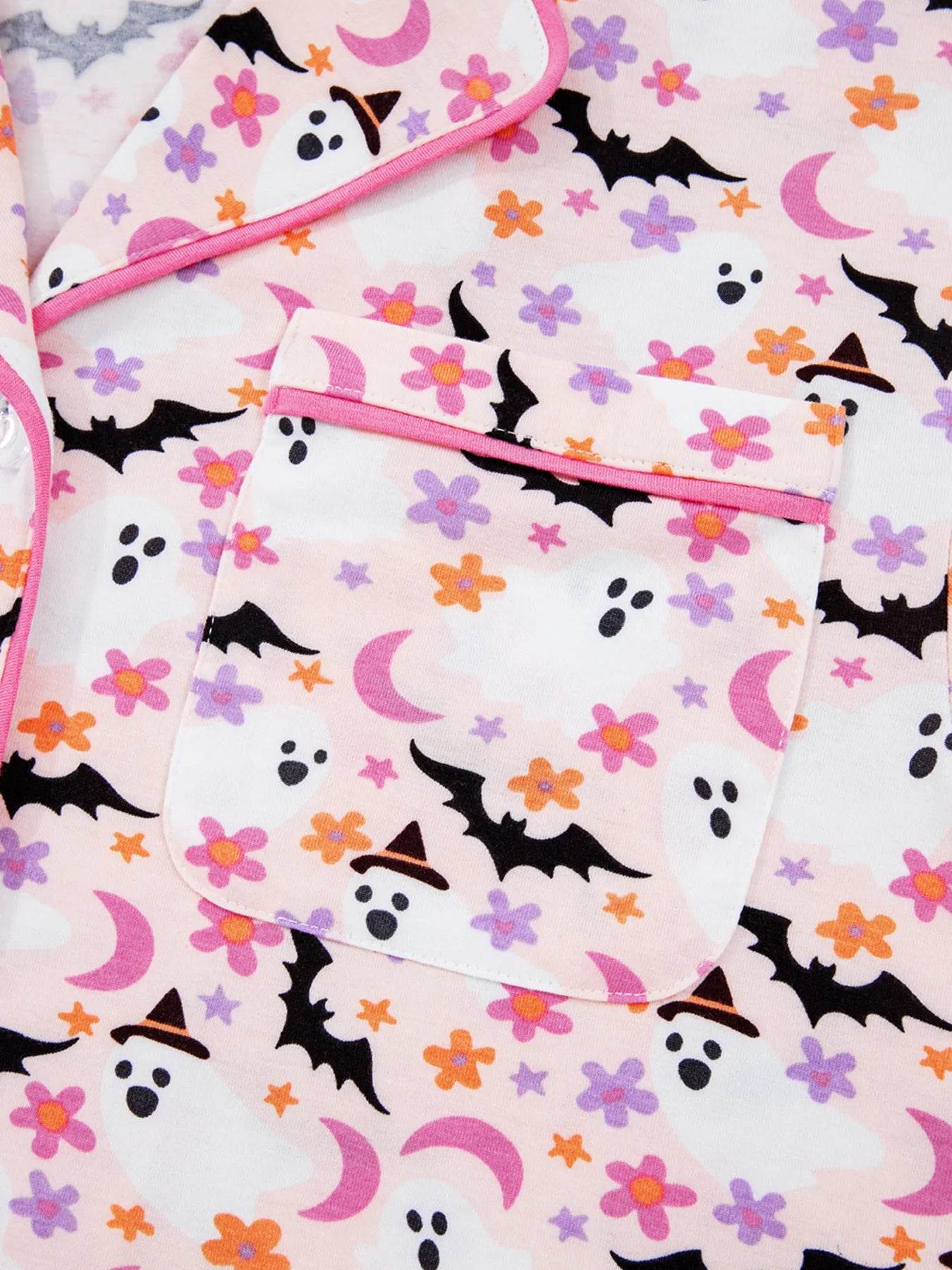 Halloween Ghost Print Button Up Top and Pants Lounge Set - IntuitiveEncBoutique