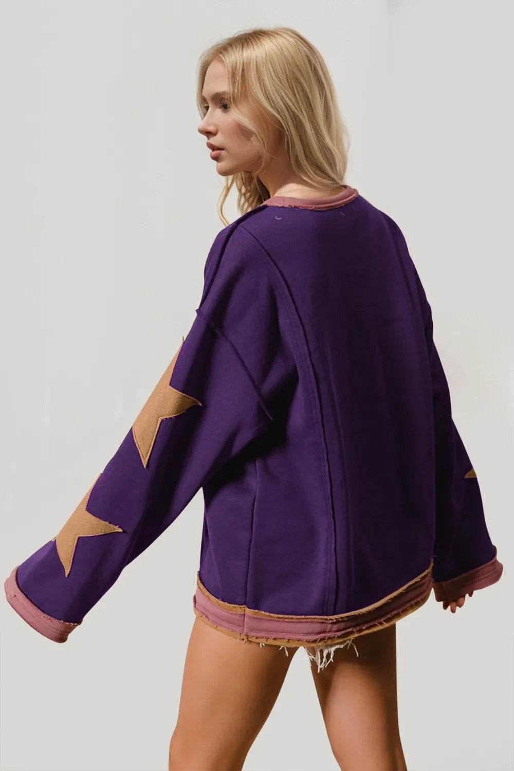 Double Take Star Patched Long Sleeve Sweatshirt - IntuitiveEncBoutique