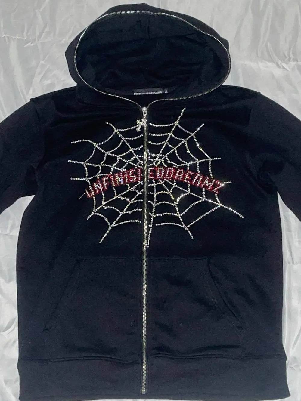 Men's Spider Web Rhinestones Zip-Up Hoodie - IntuitiveEncBoutique