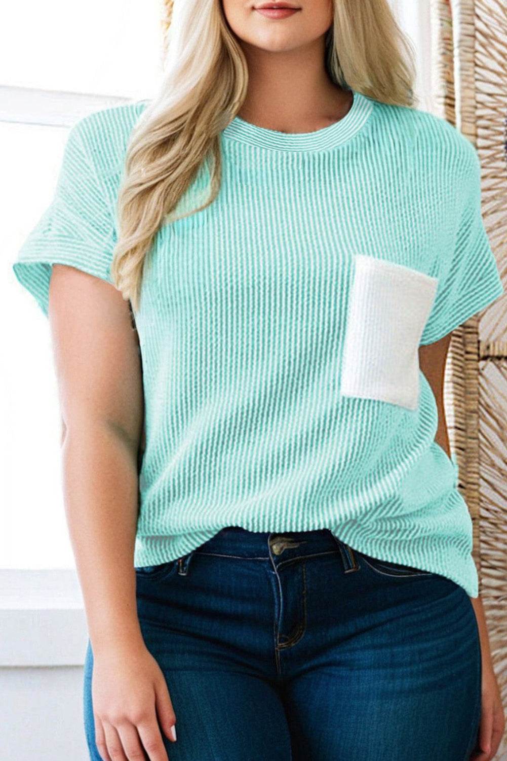 Light Blue Twisted Rib Contrast Pocket Knit Crew Neck Plus Size T Shirt - IntuitiveEncBoutique