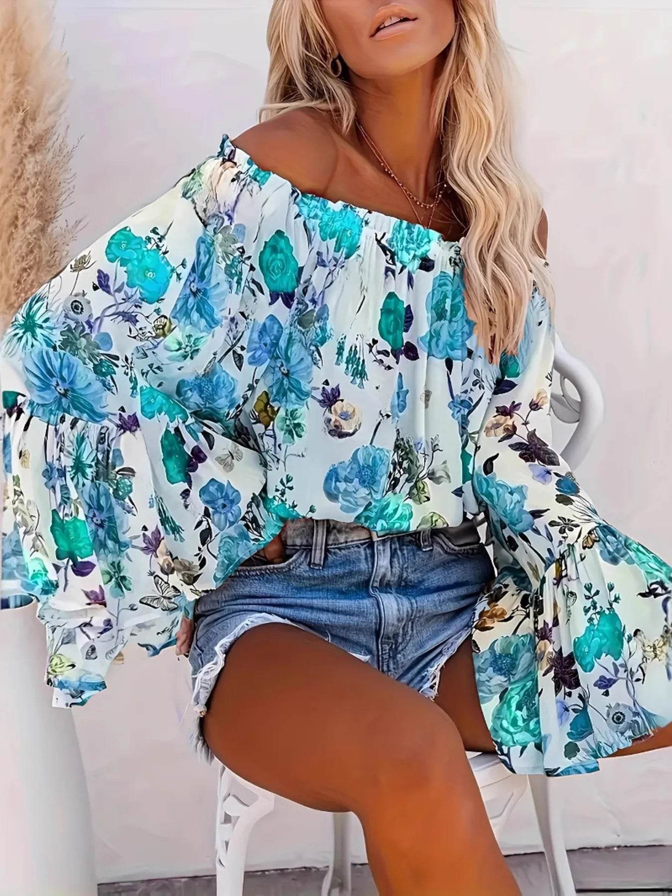 Full Size Floral Off-Shoulder Bell Sleeve Blouse Plus Size - IntuitiveEncBoutique