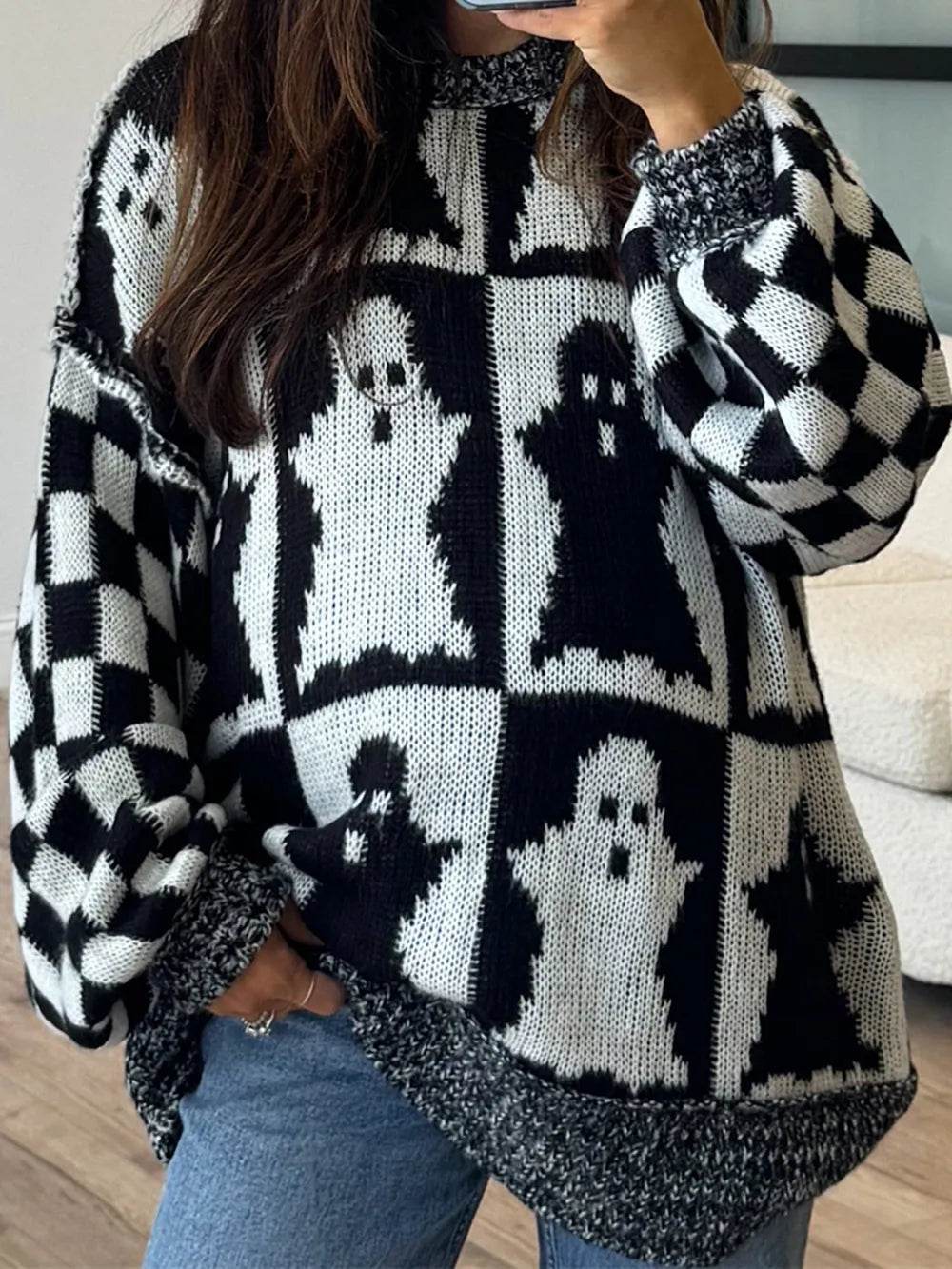 Ghost Dropped Shoulder Long Sleeve Sweater - IntuitiveEncBoutique